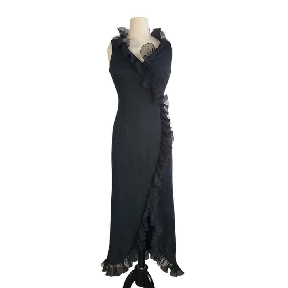 Vintage Black Ruffle Wrap Maxi Dress ILGWU 80s Evening Formal Gown 10 Statement